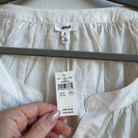 NWT Aerie Crochet Sleeve Cream Button Down Cotton Gauze Size XL Relaxed Boho Top - Picture 4 of 7